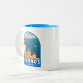 Mykonos Griekenland Travel Art Embleem Tweekleurige Koffiemok (Voorkant links)