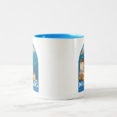 Mykonos Griekenland Travel Art Embleem Tweekleurige Koffiemok (Center)