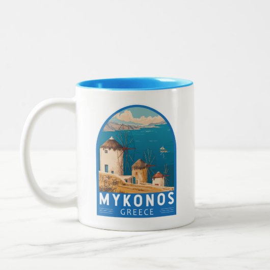 Mykonos Griekenland Travel Art Embleem Tweekleurige Koffiemok (Links)