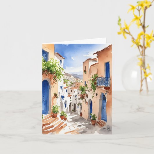 Mykonos Griekenland Waterverf Kaart (Gele Bloem)