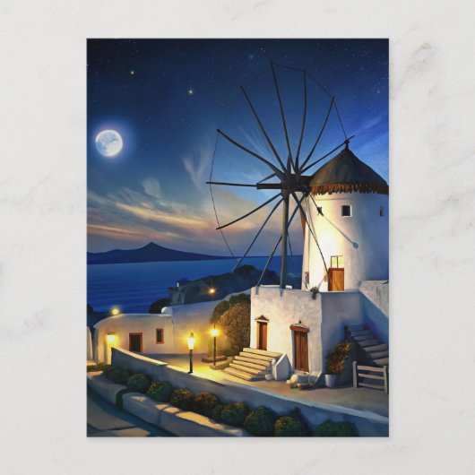 Mykonos, Griekenland Windmill Night Briefkaart (Voorkant)