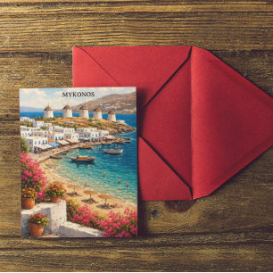 Mykonos Griekenland Windmolens Retro Reisillustrat Briefkaart