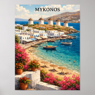 Mykonos Griekenland Windmolens Retro Reisillustrat Poster