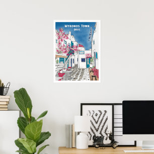 Mykonos Town Griekenland Reizen tekening Poster