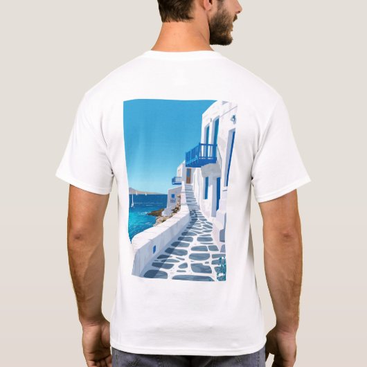 Mykonos Verbluffend Blauw Zee Poster T-shirt (Achterkant)