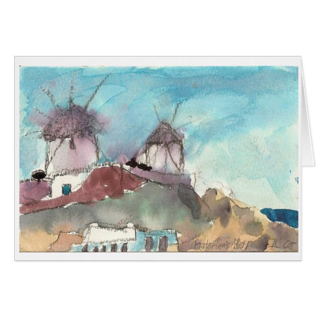 "Mykonos Windmills"-waterverf (Voorkant Horizontaal)
