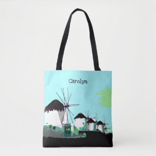 Mykonos Windmolens, Cycladen, Griekenland. Je naam Tote Bag