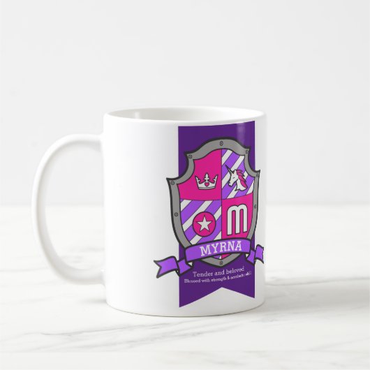 Myrna letter M crest roze unicorn naam Koffiemok (Links)
