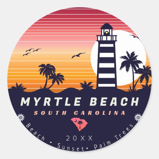 Myrtle Beach vuurtoren SC Retro Sunset Souvenirs Ronde Sticker (Voorkant)
