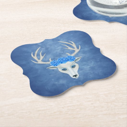 Mysterie White Deer Head Blue Eyes Rozen Antlers Kartonnen Onderzetters (Gekanteld)