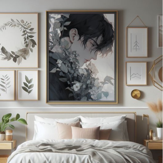 Mysterieus Man en bloemen Foto Afdruk