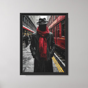 Mysterieus Man in rode sjaal en het stadsbeeld Canvas Afdruk