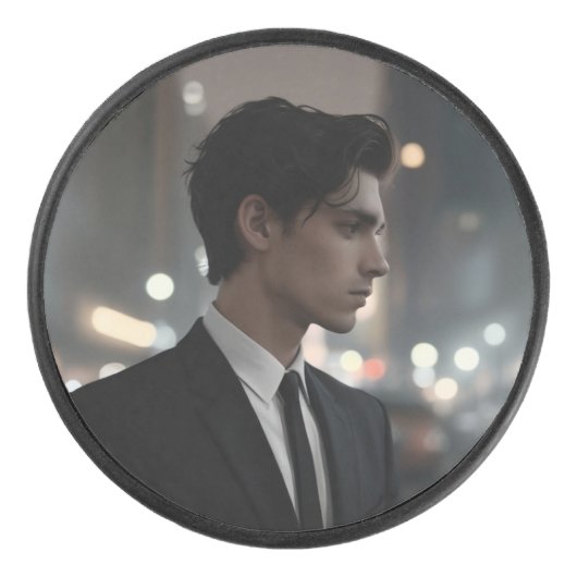 Mysterieus Man in Suit at Night – Cinematic Urban Hockey Puck (Voorkant)