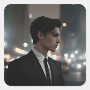 Mysterieus Man in Suit at Night – Cinematic Urban Vierkante Sticker