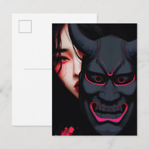 Mysterieus meisje met Oni-masker Donkere Japanse h Briefkaart