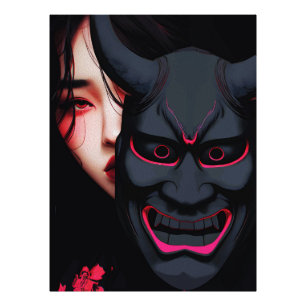 Mysterieus meisje met Oni-masker Donkere Japanse h Foto Afdruk