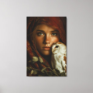 Mysterieus portret van een sneeuwuil met scharlake canvas afdruk