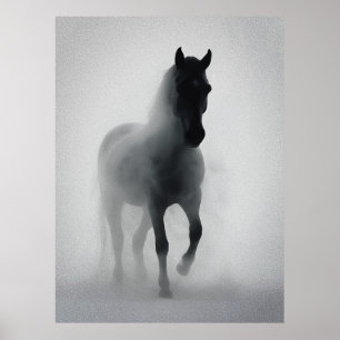 Mysterieus zwart paard komt op uit de mist poster