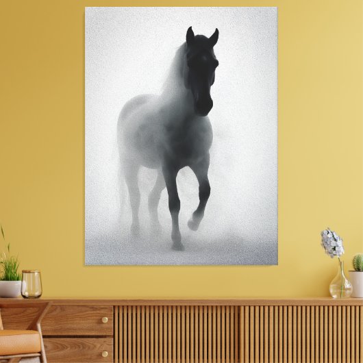 Mysterieus zwart paard uit de mist canvas afdruk (Insitu (Woonkamer))