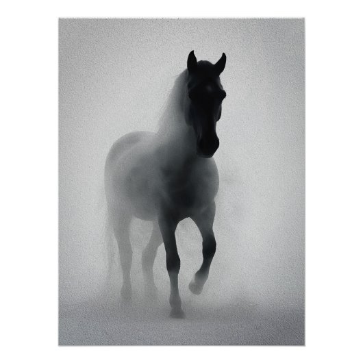Mysterieus zwart paard uit de mist perfect poster (Voorkant)