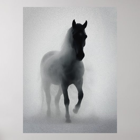 Mysterieus zwart paard uit de mist poster (Voorkant)