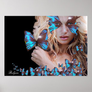 MYSTERIEUZE BEAUTY MET BLAUWE BUTTERFLES POSTER