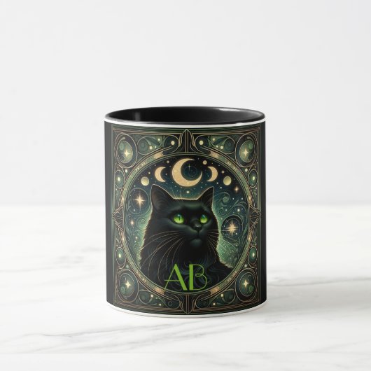 Mysterieuze Black Cat Celestial Art Nouveau Design Mok (Midden)