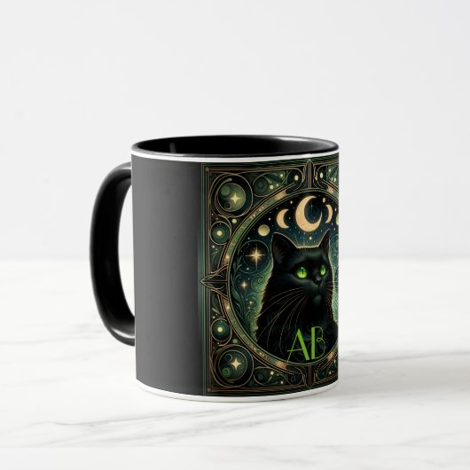 Mysterieuze Black Cat Celestial Art Nouveau Design Mok (Voorkant links)