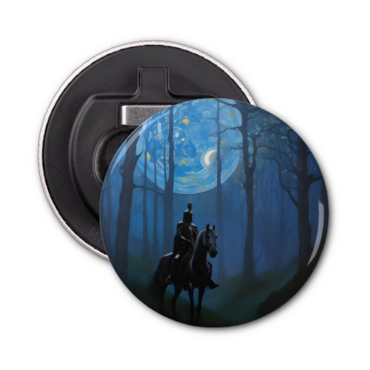 Mysterieuze Black Knight in het Moonlit Bos Button Flesopener (Voorkant)