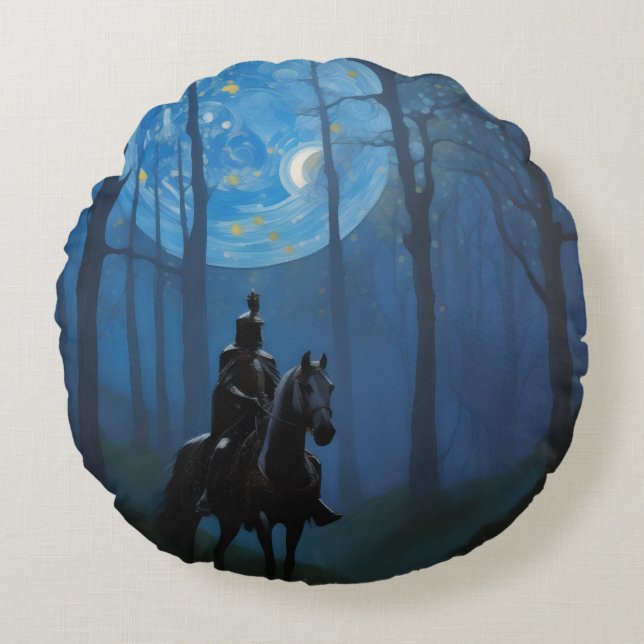 Mysterieuze Black Knight in het Moonlit Bos Rond Kussen (Voorkant)