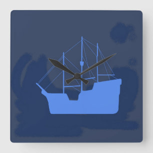 Mysterieuze Blauwe Galei Silhouet om Middernacht Vierkante Klok