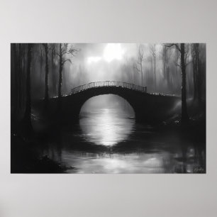 Mysterieuze Brug Over Serene Wateren – Monochroom Poster