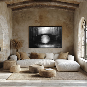 Mysterieuze brug over serene wateren – monochroom poster