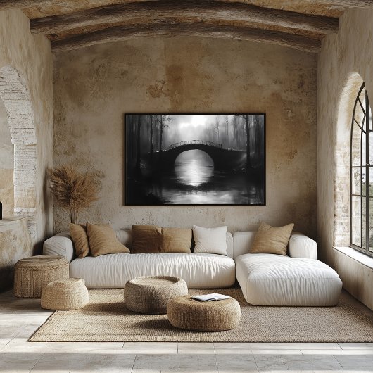 Mysterieuze brug over serene wateren – monochroom poster