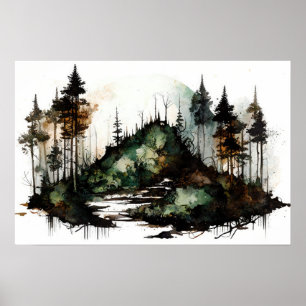 Mysterieuze Dark Forest Waterverf Poster