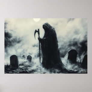 Mysterieuze Doodgraver in een Nevelige Begraafplaa Poster
