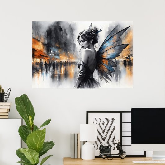 Mysterieuze fee mistige stad gloeiende etherische poster (Thuiskantoor)