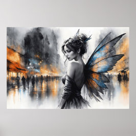 Mysterieuze fee mistige stad gloeiende etherische poster