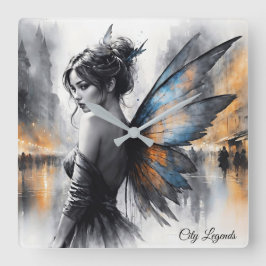 Mysterieuze fee mistige stad gloeiende etherische vierkante klok