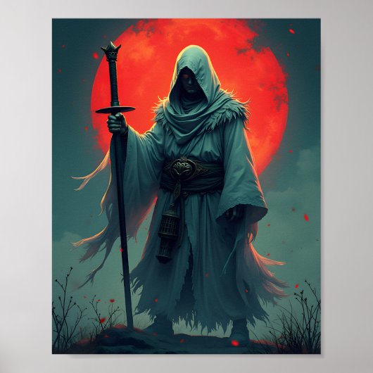 Mysterieuze Figuur met Kap onder Bloedmaan Poster (Voorkant)