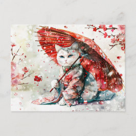 Mysterieuze Geisha Kat met Rode Parasol Briefkaart