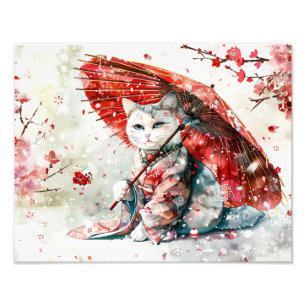 Mysterieuze Geisha Kat met Rode Parasol Foto Afdruk