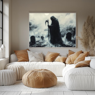 Mysterieuze Grim Reaper op een mistig kerkhof Poster