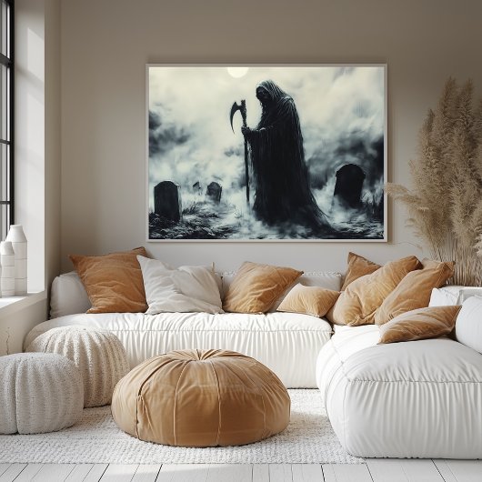 Mysterieuze Grim Reaper op een mistig kerkhof Poster