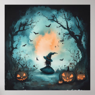 Mysterieuze kleine heks en Jack-O'-Lantern Poster