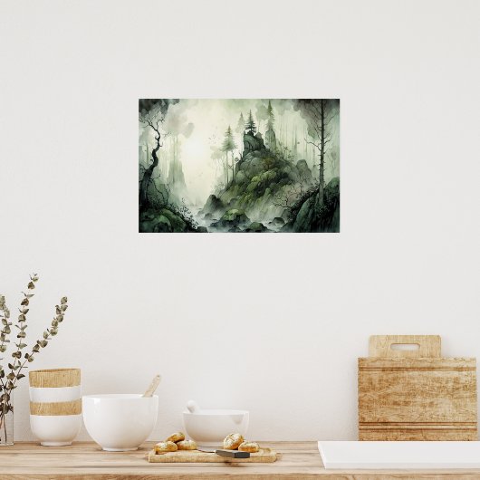 Mysterieuze Mist Forest Waterverf Poster (Keuken)