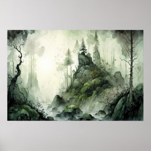 Mysterieuze Mist Forest Waterverf Poster