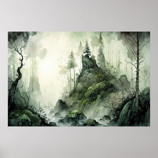 Mysterieuze Mist Forest Waterverf Poster (Voorkant)
