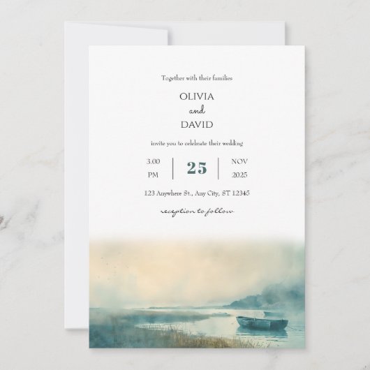 Mysterieuze nautische mistige haven strand bruilof kaart (Voorkant)