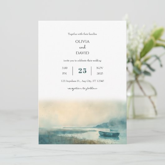 Mysterieuze nautische mistige haven strand bruilof kaart (Staand voorkant)